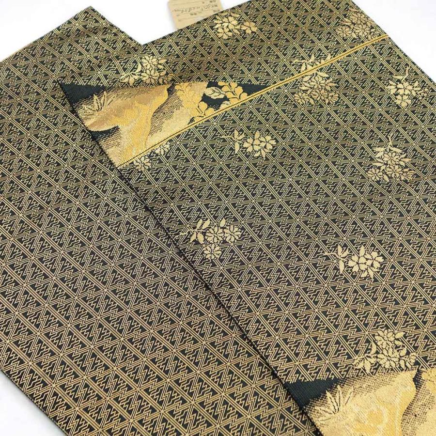K中古美品 袋帯 唐花模様 薄ベージュ×こげ茶■N80722-27 袋帯 幅30.5cm 長さ434cm レディース 花柄 秋冬春用 正絹（シルク