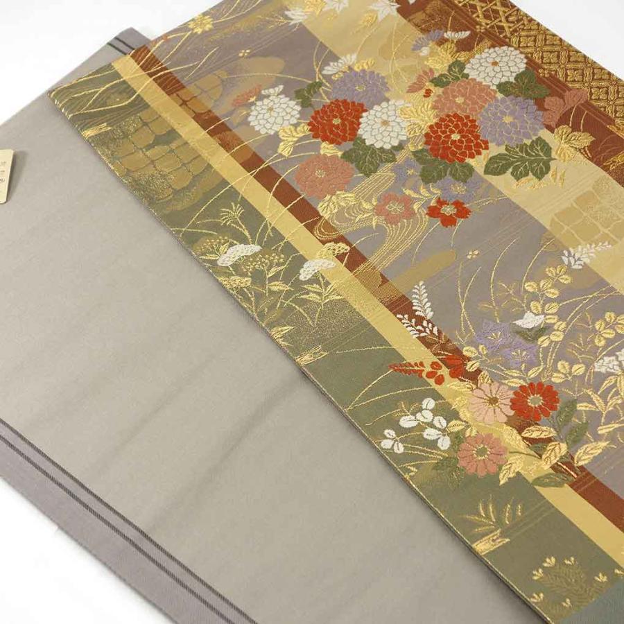 花柄 正絹袋帯 　美品 袋帯 幅31cm 長さ431cm レディース 花柄 秋冬春用 正絹（シルク）金色