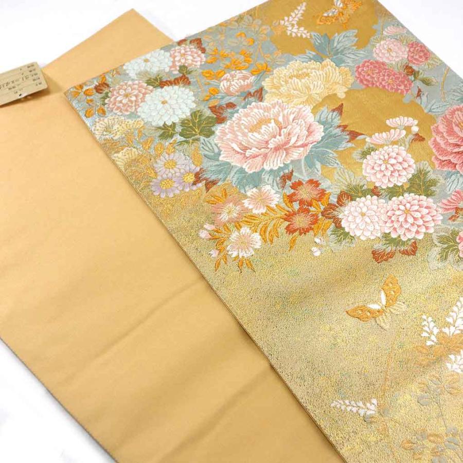 袋帯 幅31cm 長さ435cm レディース 花柄 秋冬春用 正絹（シルク）金色 