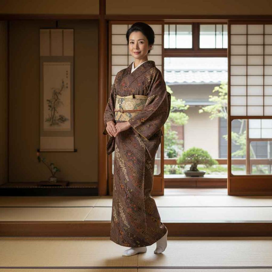 小紋 身丈165cm 裄70cm レディース 袷 花柄 裄長 裄L-LLサイズ 秋冬春
