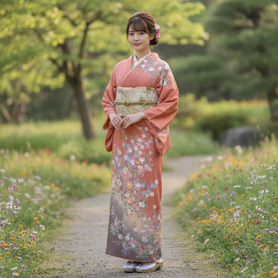 訪問着 身丈170cm 裄68cm レディース 袷 花柄 裄長 裄Lサイズ 秋冬春用 