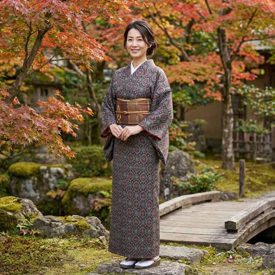 紬 身丈162cm 裄65cm レディース 袷 連続模様 裄Mサイズ 秋冬春用 正絹 