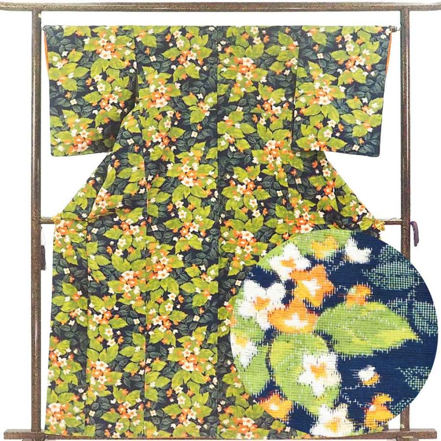 紬 身丈162cm 裄66cm レディース 袷 花柄 裄長 裄M-Lサイズ 秋冬春用 