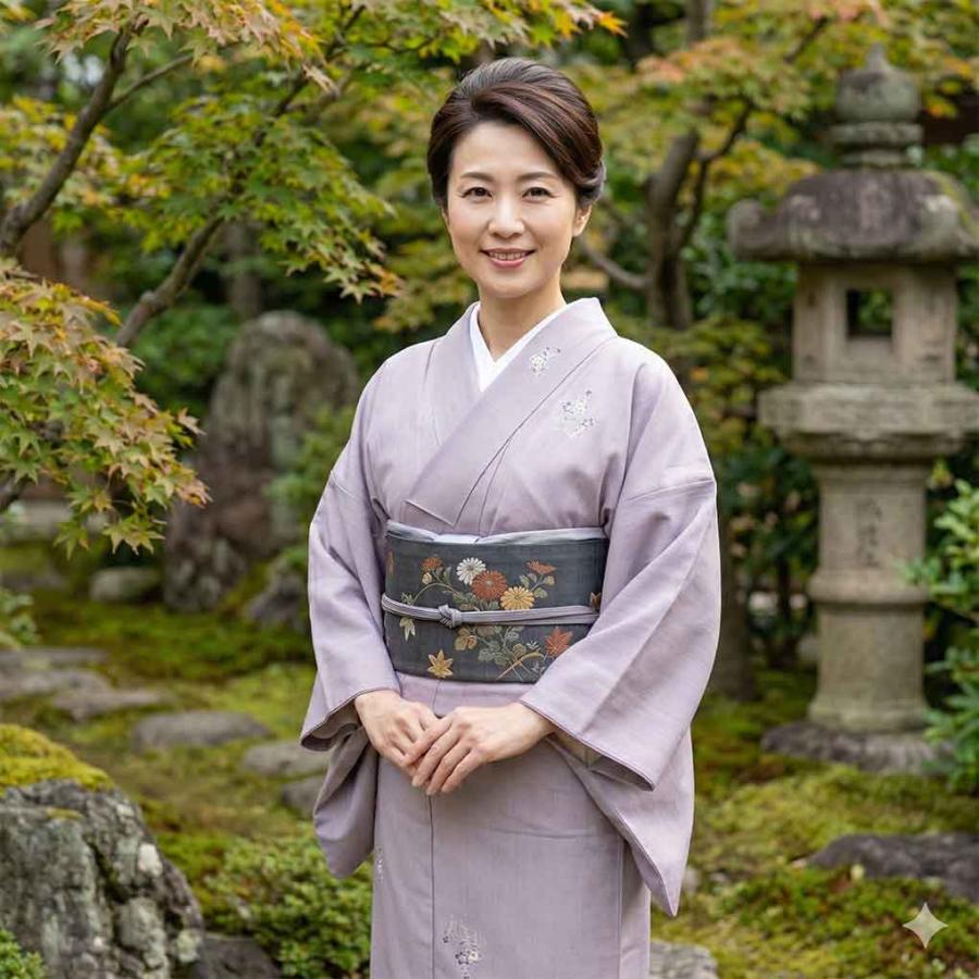 小紋 辛子色x多色 縮緬 流水に紅葉や小花など 正絹 バチ衿
