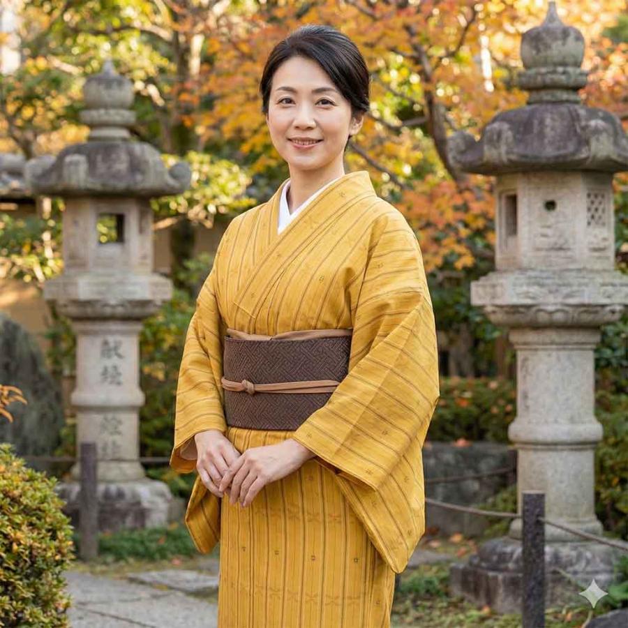 未使用　紬単衣（縦筋のような）裄64 正絹美品 紬 身丈159cm 裄64cm レディース 袷 絣模様 裄Mサイズ 秋冬春用 正絹