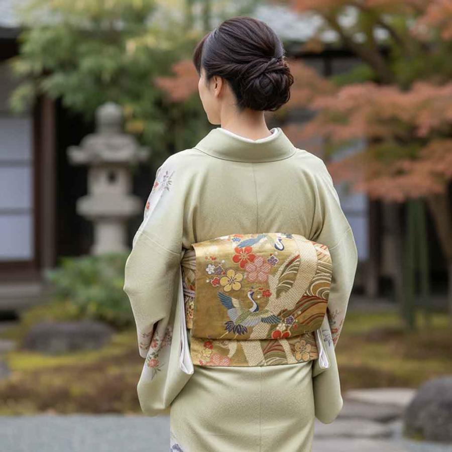 袋帯 幅31cm 長さ435cm レディース 鶴 秋冬春用 正絹（シルク）緑色 