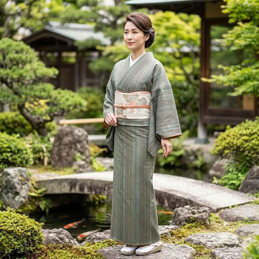 未使用品】正絹の光沢‼️花唐草縞 紬 単衣 正絹 ストライプ 楽天