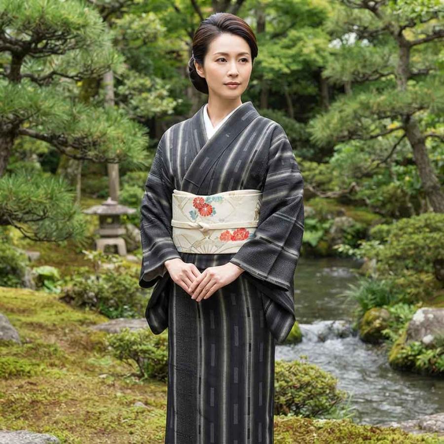 紬 身丈156cm 裄65cm レディース 袷 縦縞 裄Mサイズ 秋冬春用 正絹