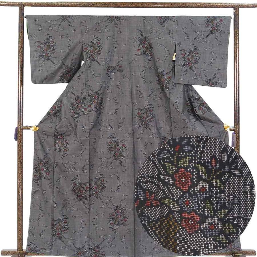 紬 身丈164cm 裄66cm レディース 袷 花柄 裄長 裄M-Lサイズ 秋冬春用