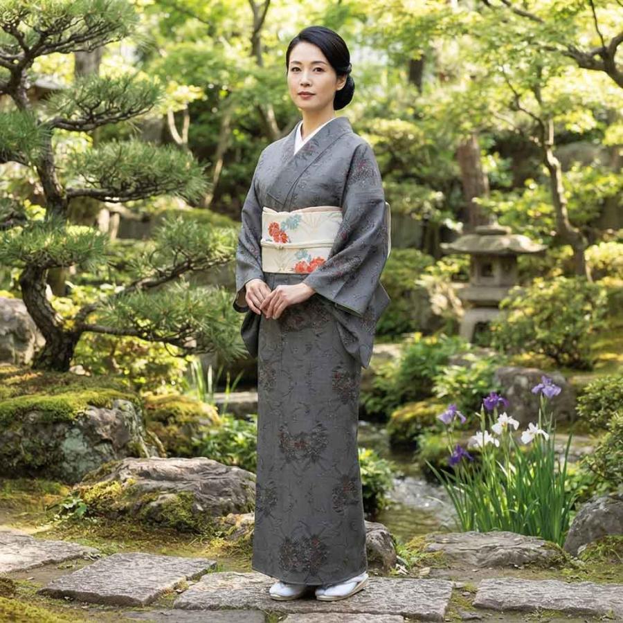 紬 身丈164cm 裄66cm レディース 袷 花柄 裄長 裄M-Lサイズ 秋冬春用