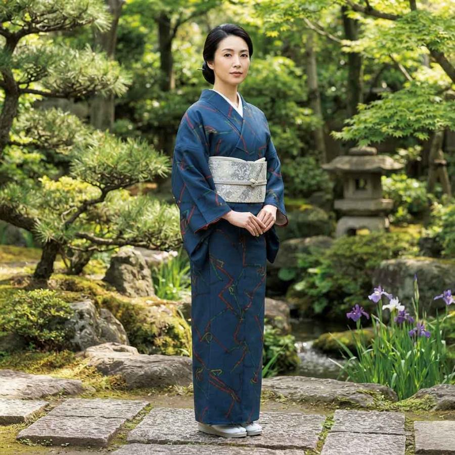 未着用！美品＊綿紬＊古渡染＊本染め＊浴衣着物＊トールサイズ＊１７１ｃｍ＊裄６７ 紬 身丈163cm 裄68cm レディース 袷 抽象柄 裄長 裄Lサイズ 秋冬春用