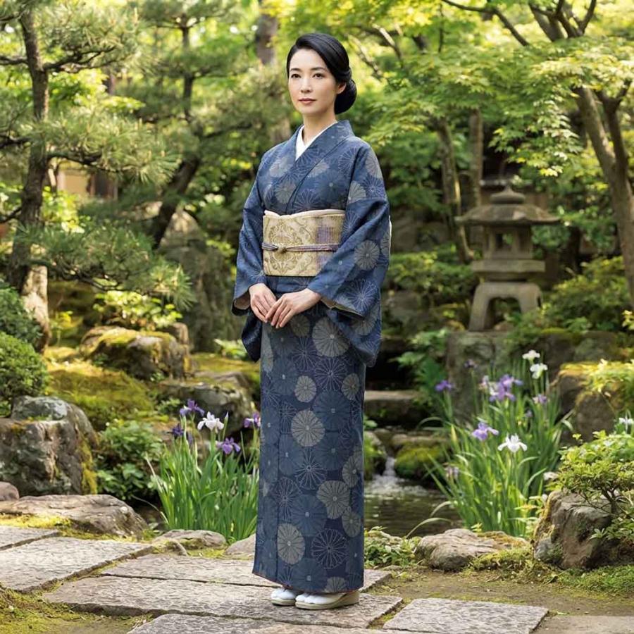 紬 身丈159cm 裄66cm レディース 袷 菊 裄長 裄M-Lサイズ 秋冬春用