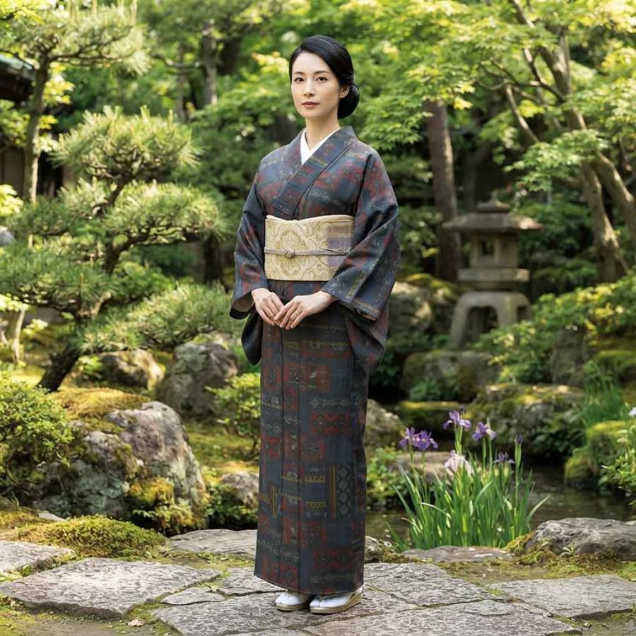 紬 身丈160cm 裄66.5cm レディース 袷 抽象柄 裄長 裄M-Lサイズ 秋冬春