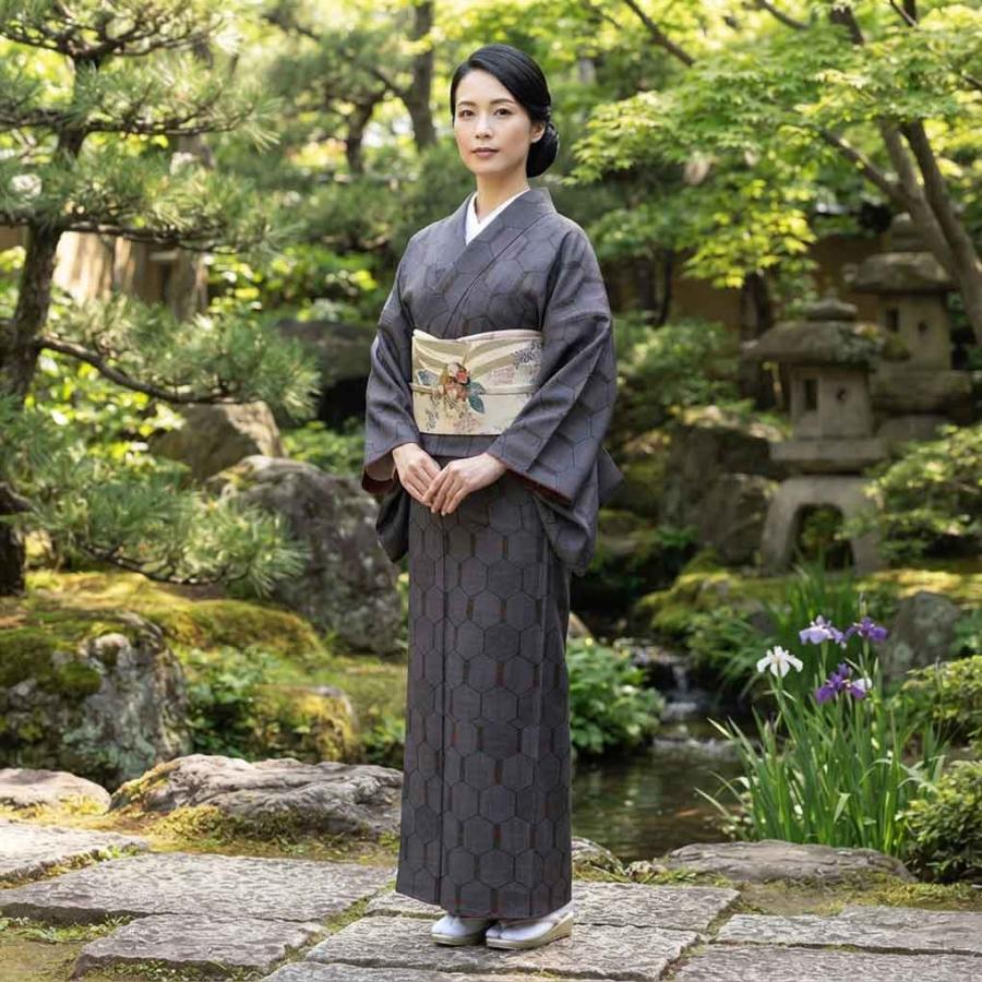 紬 身丈158cm 裄66cm レディース 袷 亀甲 裄長 裄M-Lサイズ 秋冬春用