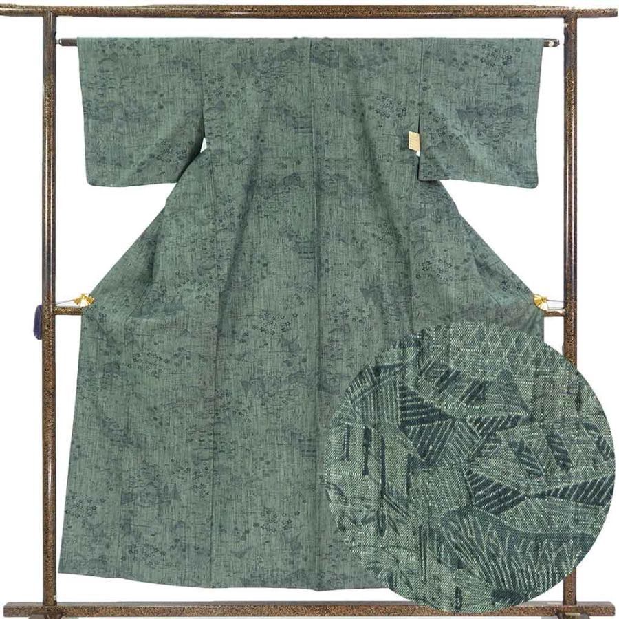 紬 身丈155cm 裄63cm レディース 単衣 風景画 裄Mサイズ 初夏・初秋用
