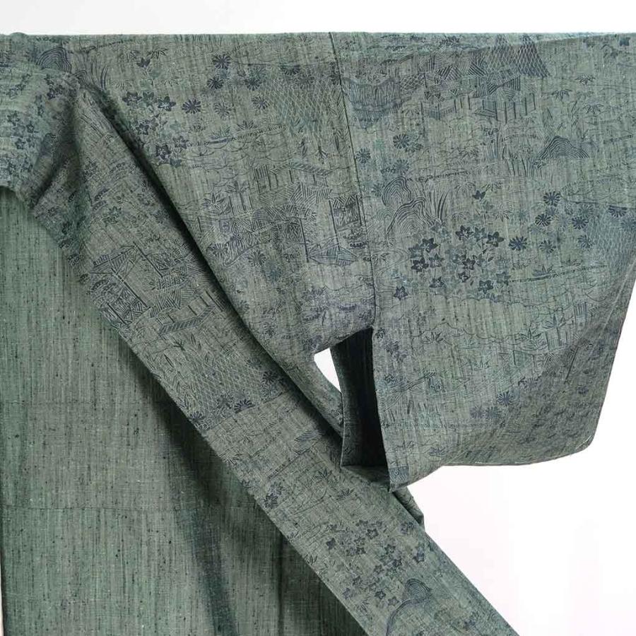 紬 身丈155cm 裄63cm レディース 単衣 風景画 裄Mサイズ 初夏・初秋用