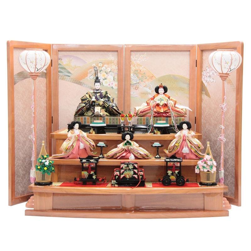 アウトレット品 雛人形五人三段飾り 五人飾りセット パールピンク 御幸セット 落とし屏風 22a-ya-2878