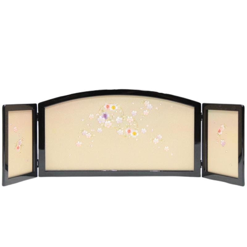 アウトレット品 雛人形三月屏風 屏風のみ 13号 刺繍金彩花丸 祇園 黒 三曲屏風 22a-ya-3010