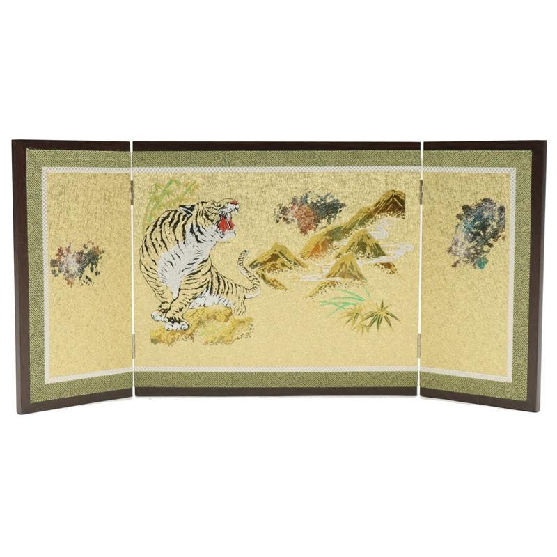 アウトレット品 屏風 単品 10号 竹に虎 三曲屏風 焦茶 24a-ya-0488