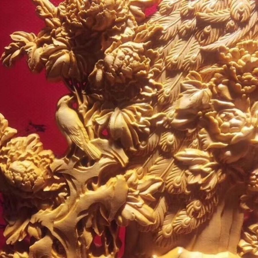 精密彫刻崖柏木彫り両面彫刻透かし彫り花開富貴孔雀牡丹根彫刻 精密彫刻崖柏木彫り両面彫刻透かし彫り花開富貴孔雀牡丹根彫刻