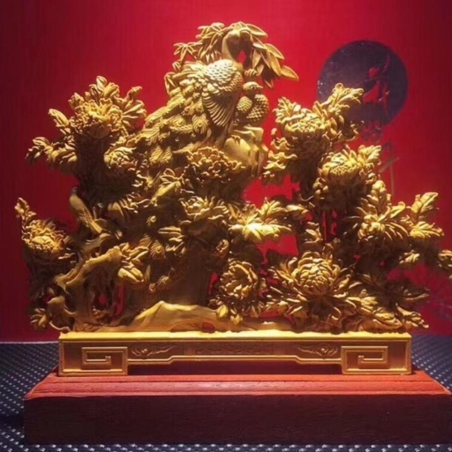 精密彫刻崖柏木彫り両面彫刻透かし彫り花開富貴孔雀牡丹根彫刻 精密彫刻崖柏木彫り両面彫刻透かし彫り花開富貴孔雀牡丹根彫刻
