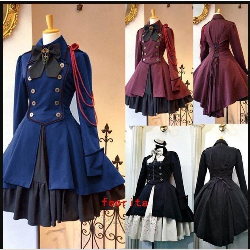 膝丈ワンピース軍服風ロリータワンピースゴスロリドレス長袖 膝丈ワンピース軍服風ロリータワンピースゴスロリドレス長袖