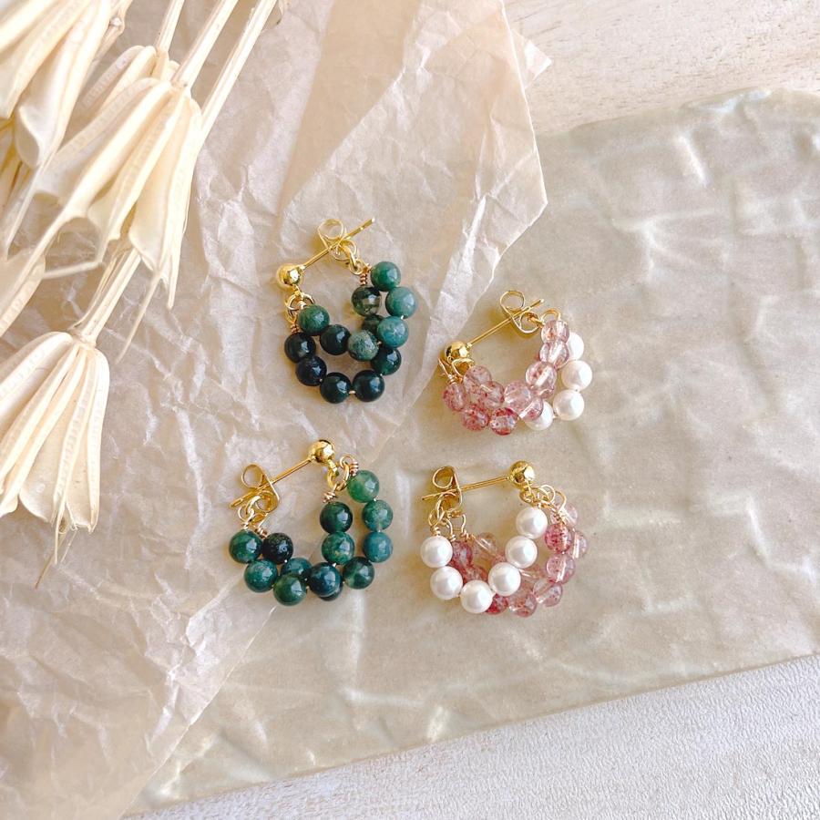 極小ビーズレイヤードラウンドピアス ピンク グリーン パール 透明 