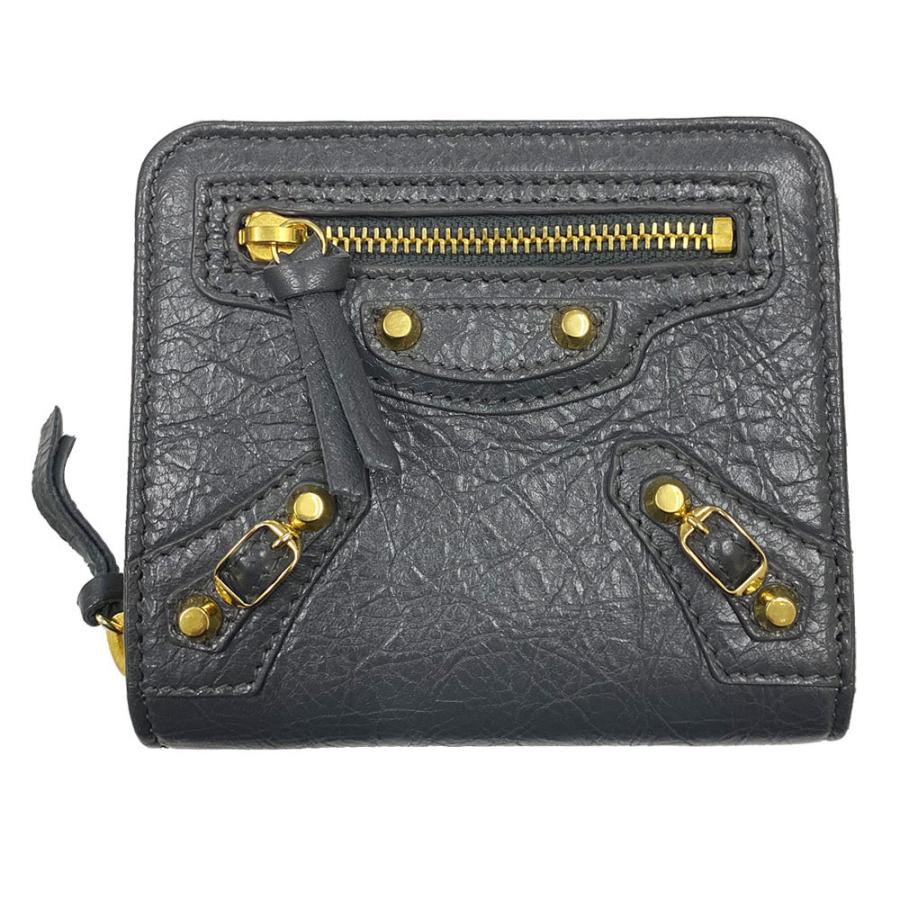 バレンシアガグレー レザー 二つ折り財布 ゴールドロゴ MURA シュリンクレザー ゴールドファスナー ボタン閉じ 二つ折り