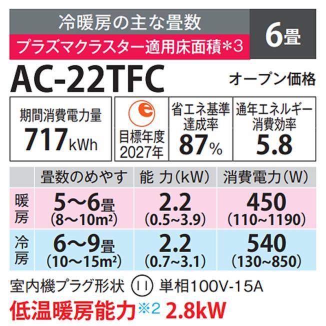 SHARP（シャープ） エアコン 6畳程度 AC-22TFC AC22TFC プラズマ