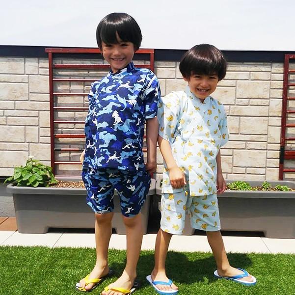 子供服 男の子 女の子 sax キッズ 甚平スーツ 甚平 上下セット ブルー 水色 バナナ柄 ドビー織 綿100 夏 100 110 1 130 夏祭り 夕涼み パジャマ 中国製 sax ごきげんめいと ヤフー店 通販 Yahoo ショッピング