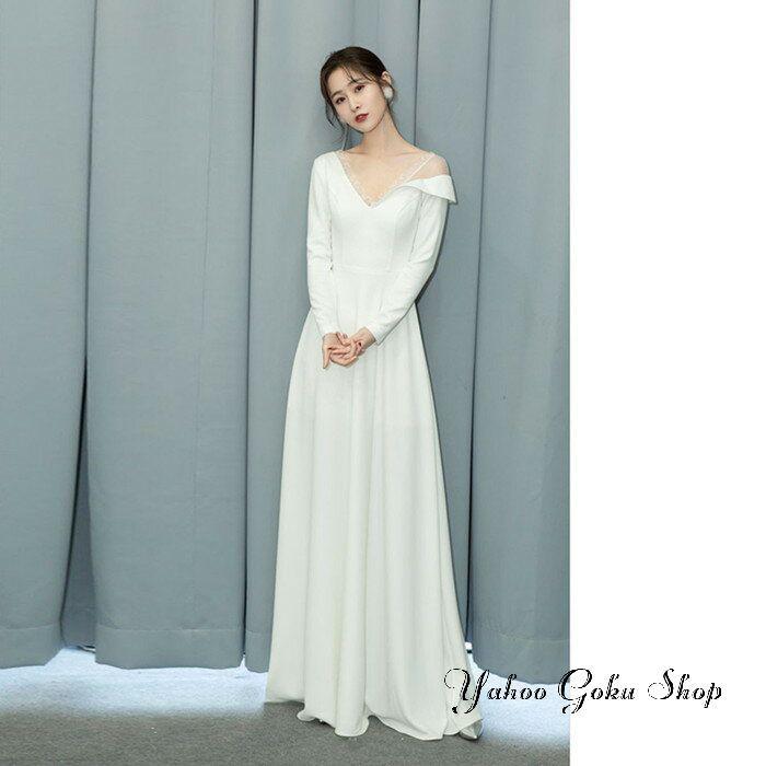 ウェディグドレス 長袖 aライン ドレス 二次会 花嫁 パーティードレス パーティードレス 結婚式 花嫁二次会 白