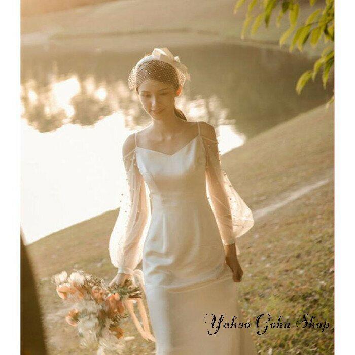 ウェディグドレス aライン ドレス 二次会 花嫁 パーティードレス パーティードレス 結婚式 花嫁二次会 白 長袖