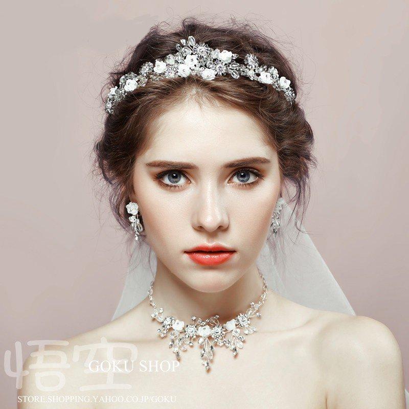 花嫁 ヘッドドレス ティアラ 結婚式 安い 髪飾り 王冠 花 ビジュー ネックレス ブライダル イヤリング 3点セット 演奏会/二次会/披露宴/発表会 |  | 01
