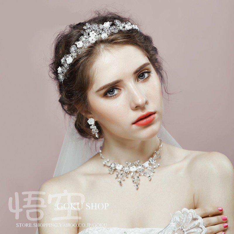 花嫁 ヘッドドレス ティアラ 結婚式 安い 髪飾り 王冠 花 ビジュー ネックレス ブライダル イヤリング 3点セット 演奏会/二次会/披露宴/発表会 |  | 02