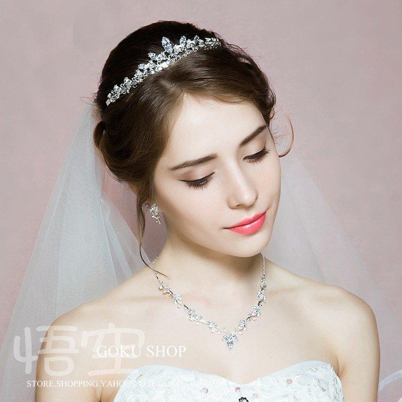 花嫁 ヘッドドレス ティアラ 結婚式 安い 髪飾り カチューシャ ネックレス ブライダル イヤリング ラインストーン 3点セット 演奏会/二次会/披露宴/発表会 |  | 01
