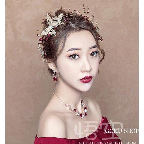 花嫁 ヘッドドレス ティアラ 結婚式 安い 髪飾り チョウ ネックレス ブライダル イヤリング カチューシャ 3点セット ステージ 演奏会/二次会/披露宴/発表会 |  | 01