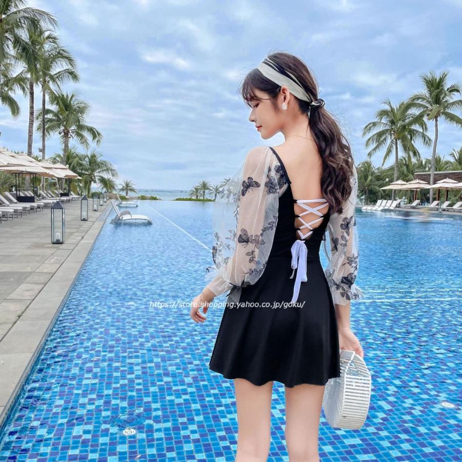 水着 レディース ワンピース 体型カバー 大きいサイズ 代 30代 40代 フレア 編み上げ バックシャン 太ももカバー 蝶 人気 韓国風 旅行 温泉 ビーチ リゾート Mz70 悟空 通販 Yahoo ショッピング