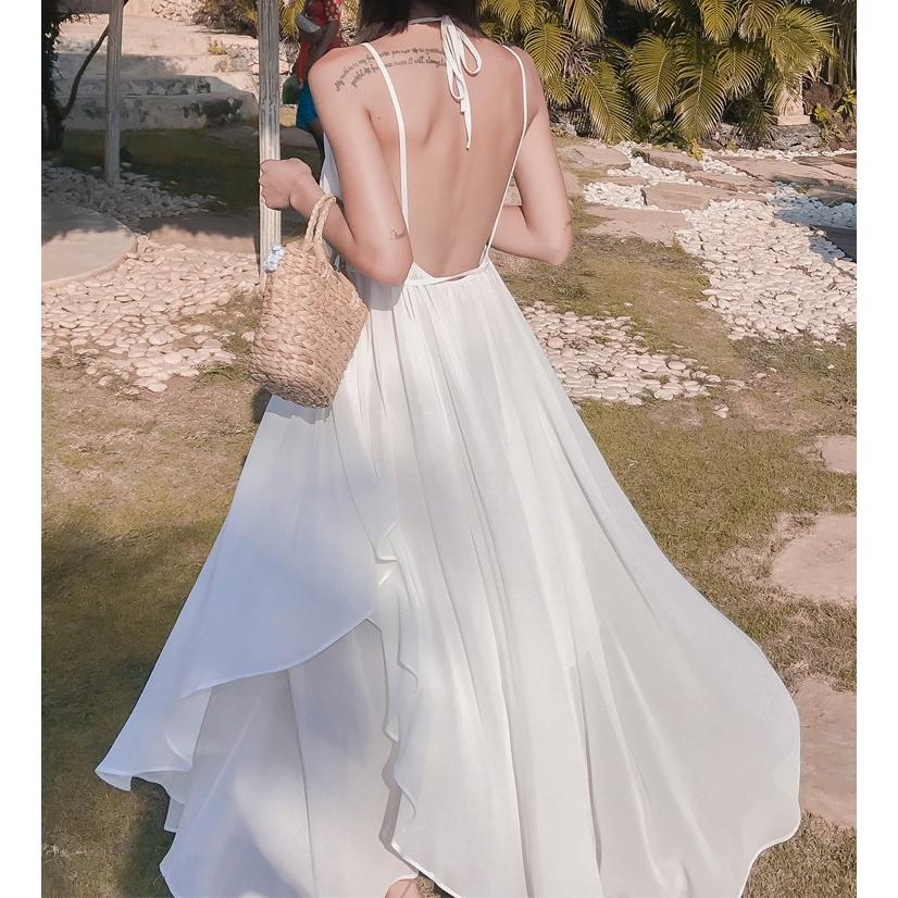 レディース ワンピース ビーチワンピース 安い おしゃれ 夏 マキシ丈ビーチワンピース バックレス リゾート 白 旅行 シフォン Stq035 悟空 通販 Yahoo ショッピング