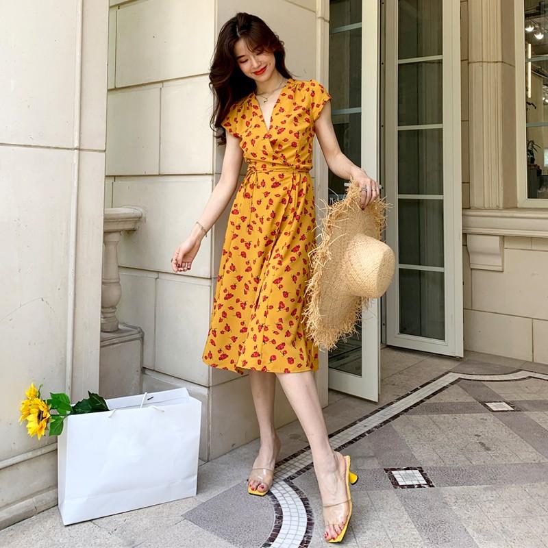 レディース ワンピース ビーチワンピース 安い おしゃれ 夏 マキシ丈ビーチワンピース 半袖 リゾート 花 旅行 シフォン Vカラー レトロ Stq042 悟空 通販 Yahoo ショッピング