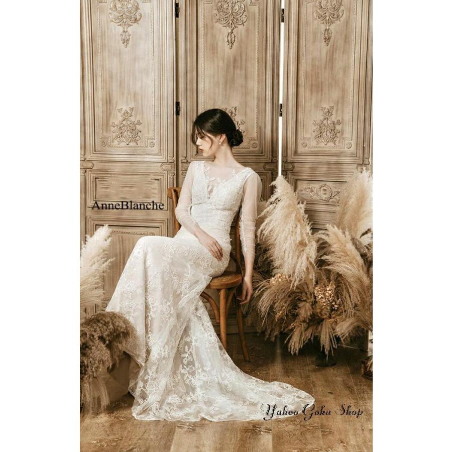 レース ウェディングドレス 背中あき フレア 前撮り 二次会