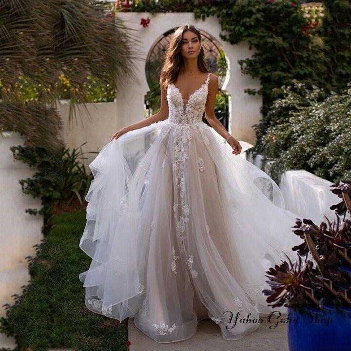 ウェディングドレス 無袖 Vネック オーダーメイド可能 キャミソールタイプ トレーンドレス Aライン 前撮り