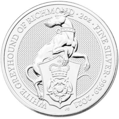 [保証書・カプセル付き] 2021年 (新品) イギリス「クィーンズ ビースト・リッチモンドの白いグレイハウンド」純銀 2オンス 銀貨