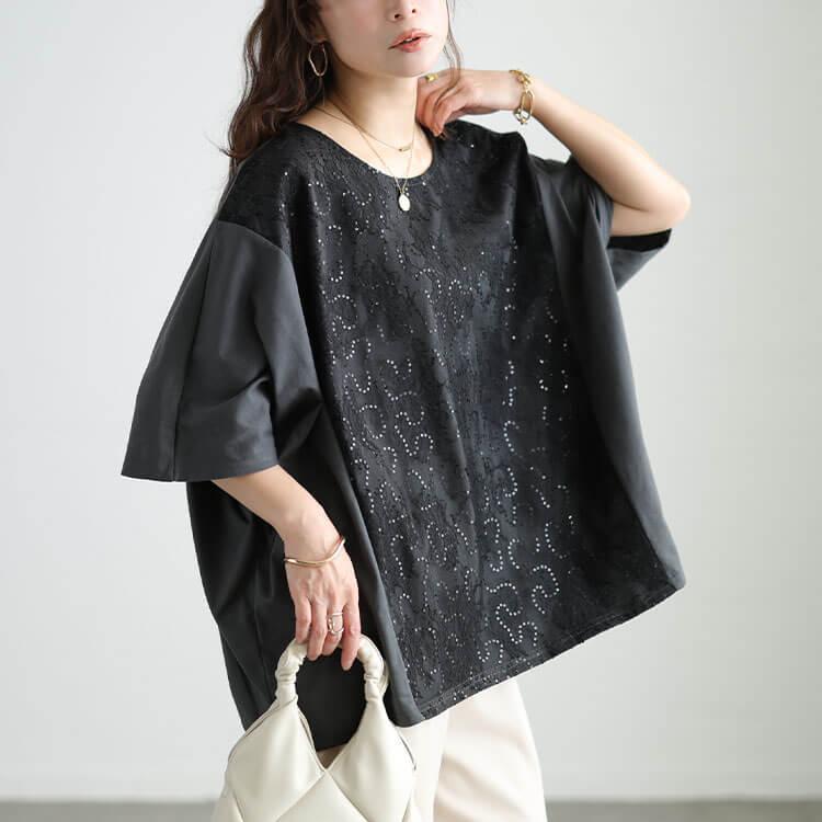 新品 JOAN トップス 黒レース スパンコール サイズL GOLDJAPAN（ゴールドジャパン） 大きいサイズ レディース トップス V