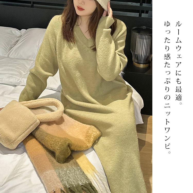 大きいサイズ レディース ワンピース Vネックニットワンピース ロングワンピース ニット ロング マキシ Iライン 秋服 春服 LL 2L 3L 4L 黒 ピンク オリーブ 白｜gold-japan｜07