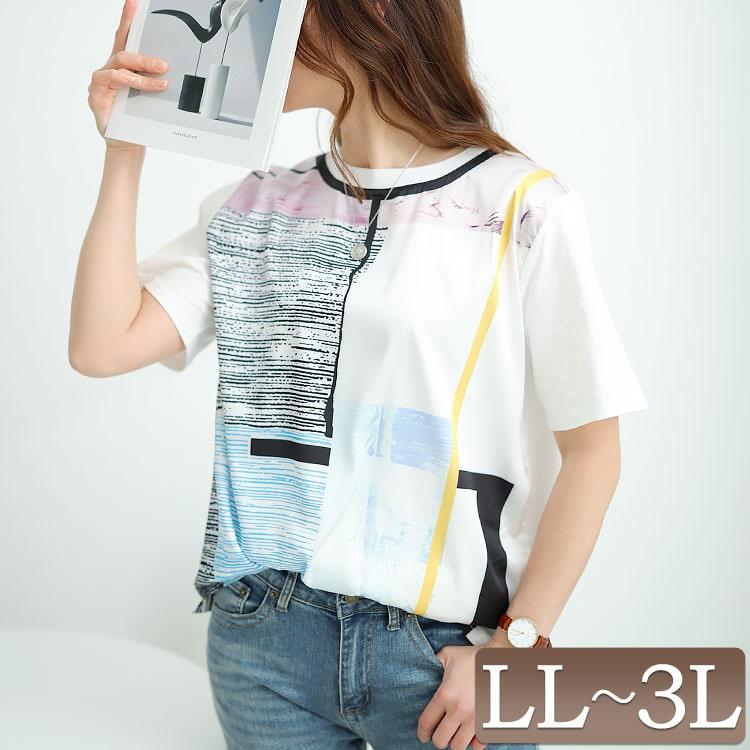 大きいサイズ レディース トップス Tシャツ カットソー クルーネック 半袖 プリント アート 柄 ルーム 春コーデ 夏 秋 LL 2L 3L ホワイト 白 ゴールドジャパン｜gold-japan｜21