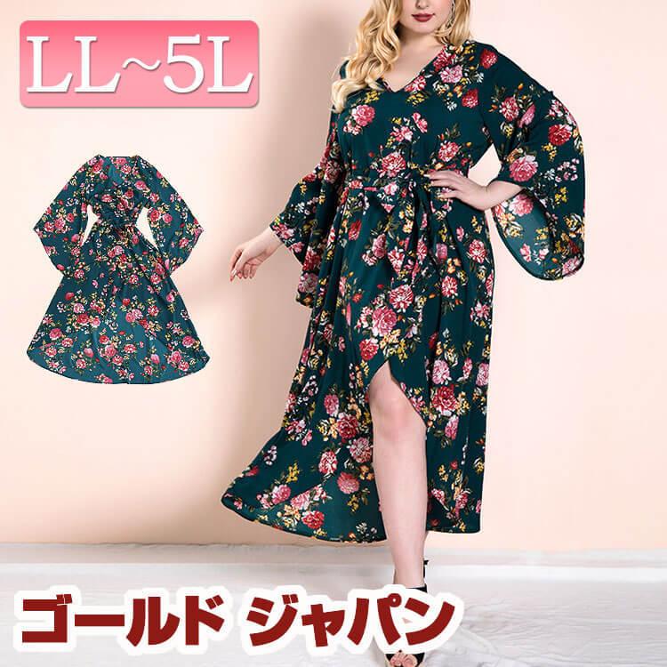 大きいサイズ レディース ワンピース 長袖 花柄 フラワー グリーン スリット エンジェルスリーブ 夏 体型カバー 秋新作 ゆったり Ll 3l 4l 5l ゴールドジャパン Goldy 746 大きいサイズ レディース Gold J 通販 Yahoo ショッピング