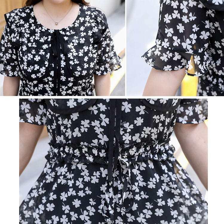 専門ショップ 大きいサイズ レディース ワンピース クローバー柄シフォンワンピース 膝丈 ミディアム クローバー 柄 ビッグカラー ウエストリボン 春服 夏服 3l 4l 5l 6l 黒 Honeymoon Style