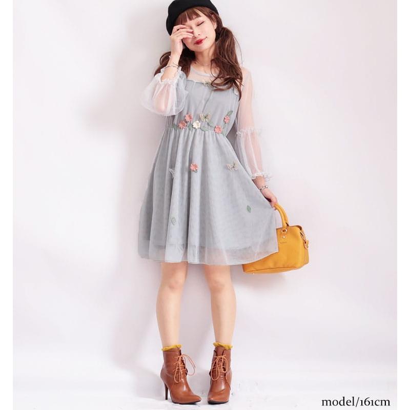 大きいサイズ レディース ワンピース チュール 花モチーフ 膝丈 長袖 フレア ウエストゴム シアー 量産型 秋コーデ 春 夏 Ll 2l 3l 4l 5l グレー 体型カバー Jp271 大きいサイズ レディース Gold J 通販 Yahoo ショッピング