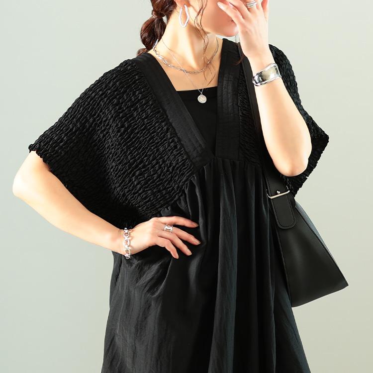 大きいサイズ レディース ワンピース ロング 5分袖 Vネック 接触冷感 シャーリング ポケット 春コーデ 春 夏 秋 LL 2L 3L 4L 5L ダークカーキ ブラック 黒 爆買の画像