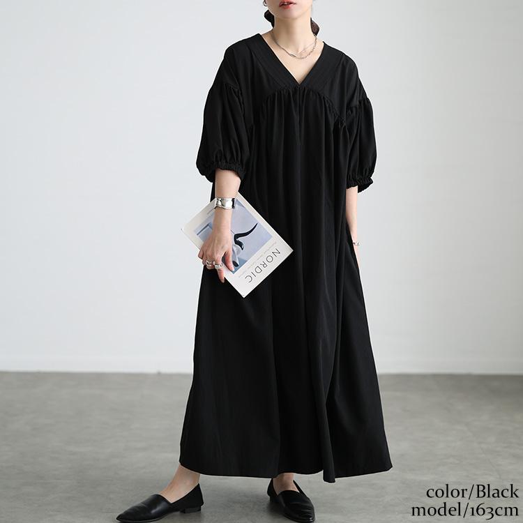 大きいサイズ レディース ワンピース ロング 半袖 Vネック 接触冷感 ギャザー ポケット フレア 春コーデ 春 夏 秋 LL 2L 3L 4L 5L ブラック 黒 グレージュ 爆買の画像